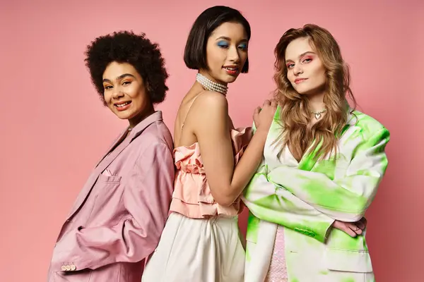 Three women of different ethnicities standing together on a pink background, showcasing diversity and unity. — Stock Photo