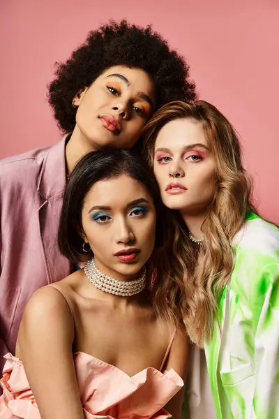 Três modelos de etnias diferentes posando elegantemente na frente de um fundo rosa vibrante. — Fotografia de Stock