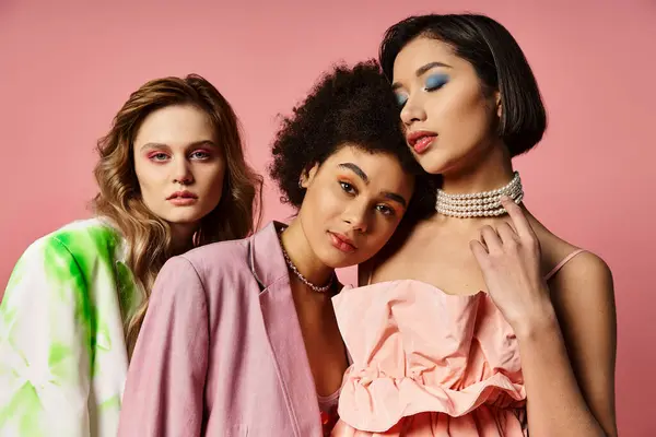 Three women of different ethnicities standing together on a pink studio background. — Stock Photo