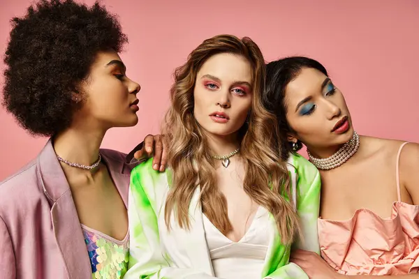 A group of diverse women, including Caucasian, Asian, and African American, stand together in a studio against a pink background. — Stock Photo