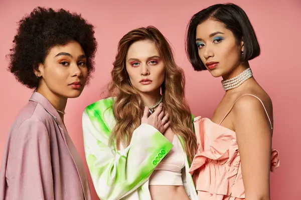 Three women of Caucasian, Asian, and African American descent stand together against a pink studio backdrop. — Stock Photo