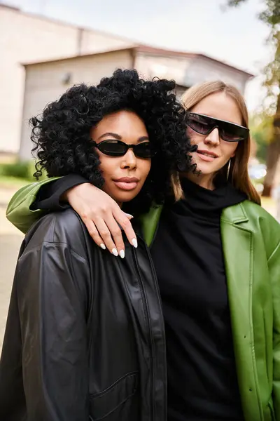Duas mulheres atraentes estão juntas, ostentando óculos de sol elegantes em trajes casuais aconchegantes. — Fotografia de Stock