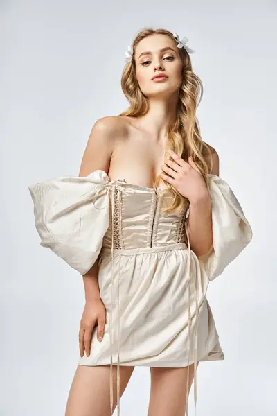 Una mujer rubia joven impresionante posa elegantemente en un vestido blanco que fluye en un ambiente de estudio. - foto de stock
