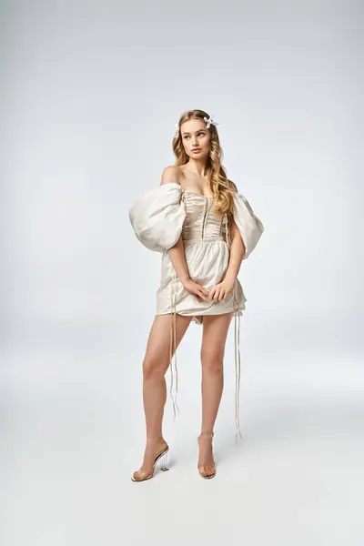Eine junge blonde Frau posiert in einem kurzen Kleid in einem Studio-Setting und strahlt Selbstbewusstsein und Eleganz aus. — Stockfoto