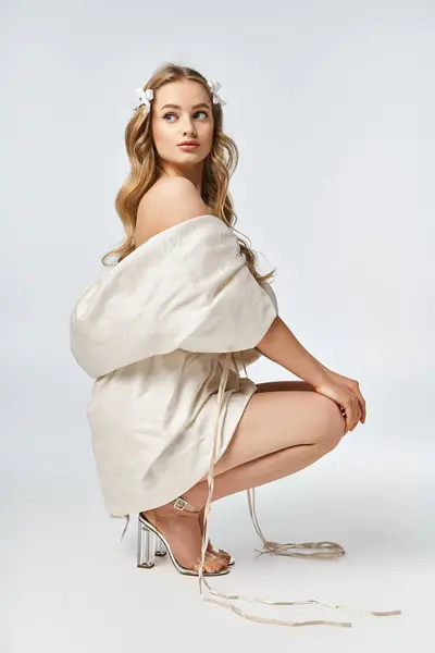 A young, blonde woman wearing a white dress kneels down gracefully in a studio setting. — Stock Photo