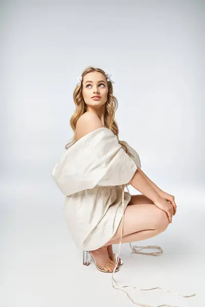 Una chica joven, rubia y hermosa se arrodilla elegantemente en un vestido blanco en un ambiente de estudio. - foto de stock