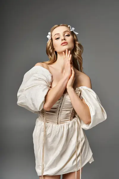A young blonde woman stands elegantly with her hands delicately clasped together in a pristine white dress in a studio setting. — Stock Photo