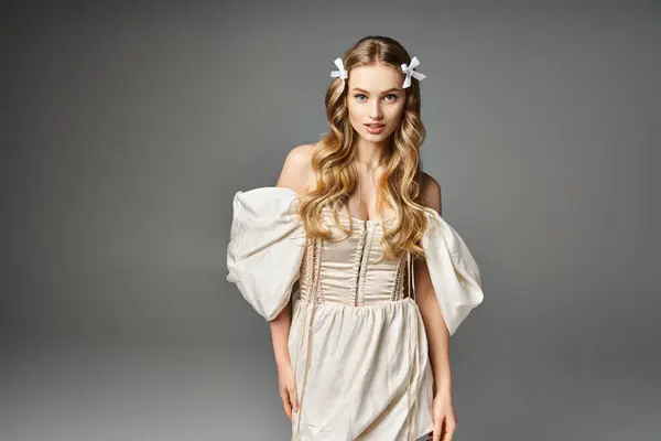 A stunning young blonde woman strikes a pose in a flowing white dress in a studio setting. — Stock Photo