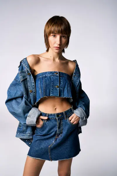 Eine junge Frau mit kurzen Haaren posiert selbstbewusst in einem trendigen Jeansrock und bauchfreiem Oberteil in einem Studio-Setting. — Stockfoto