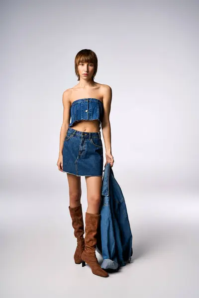 A young woman with short hair stands confidently, dressed in a denim skirt and top in a trendy studio setting. — Stock Photo
