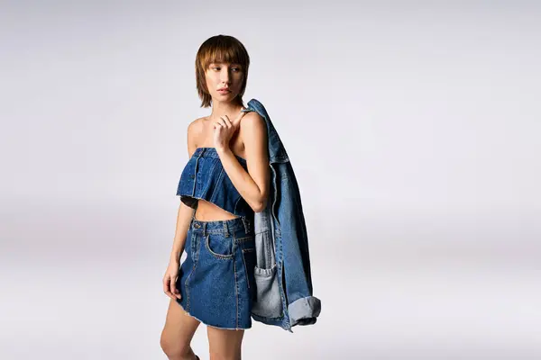 Une jeune femme aux cheveux courts pose confiante dans une jupe en denim et veste assortie dans un décor studio. — Photo de stock