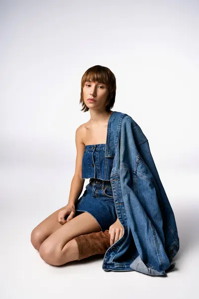 A young woman with short hair sitting gracefully on the ground in a fashionable denim dress in a studio setting. — Stock Photo