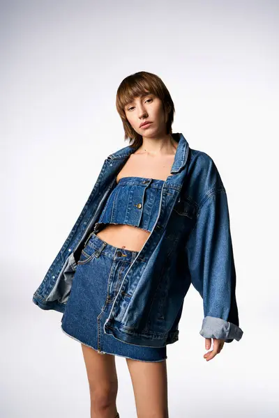 A young woman with short hair confidently wears a trendy jean jacket and skirt in a fashionable studio setting. — Stock Photo