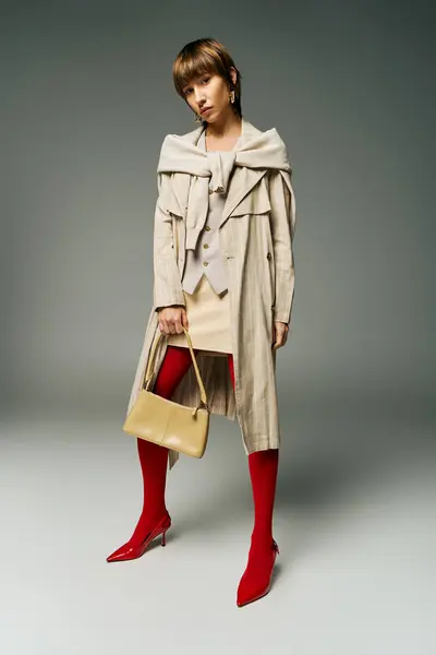 Eine junge Frau mit kurzen Haaren trägt einen Trenchcoat und hält selbstbewusst eine Handtasche in einer fesselnden und geheimnisvollen Pose. — Stockfoto
