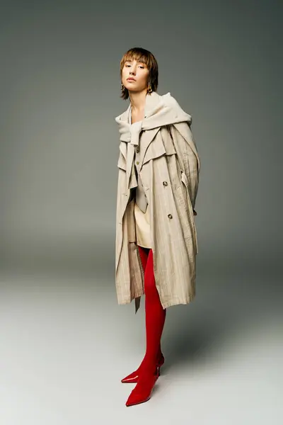 Молода жінка виявляє елегантність в траншеї пальто і яскраві червоні колготки, вражаючи позу в студії. — стокове фото