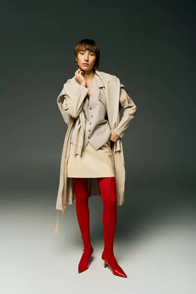 A stylish young woman in a trench coat and red tights strikes a pose in a studio setting, exuding confidence and sophistication. — Stock Photo
