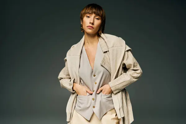 Une jeune femme élégante aux cheveux courts pose avec confiance dans une veste et une jupe dans un cadre de studio. — Photo de stock