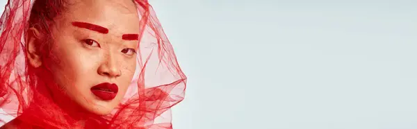 An attractive Asian woman poses gracefully with a veil on her head, wearing vibrant clothes. — Stock Photo