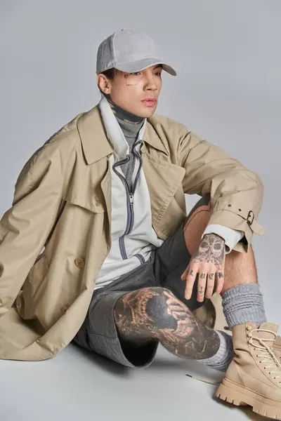 A young man with tattoos sits on the ground, wearing a hat and trench coat in a studio against a grey background. — Stock Photo