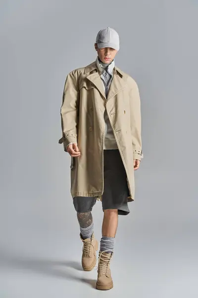 A young, tattooed man showcases an edgy look as he confidently walks down a runway in a trench coat and hat. — Stock Photo