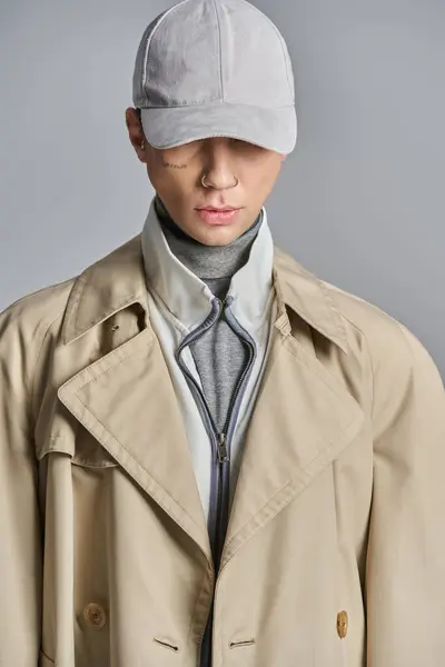 Un jeune homme tatoué en trench-coat et chapeau se tient en confiance dans un studio sur fond gris. — Photo de stock