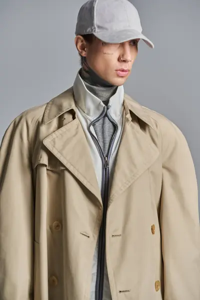 A young, tattooed man exudes mystery and style in a trench coat and hat, set against a grey studio backdrop. — Stock Photo