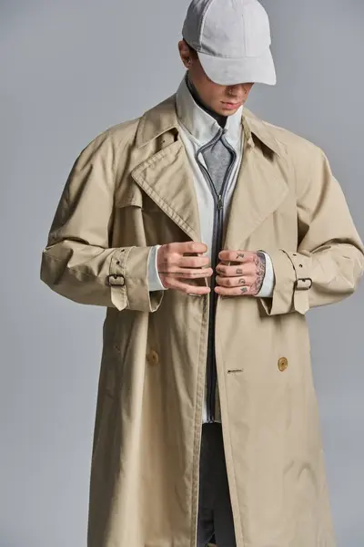 A young, tattooed man exudes mystery and style in a trench coat and hat against a grey backdrop. — Stock Photo