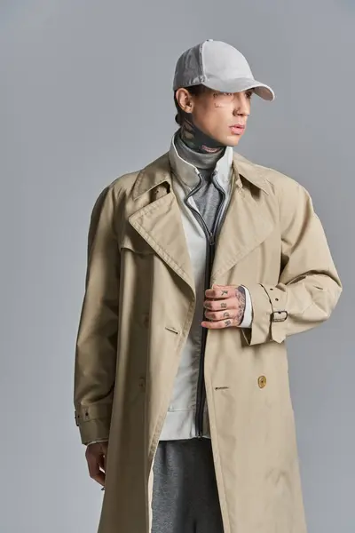 Молодой, татуированный мужчина надевает стильное пальто и шляпу, излучая таинственную урбанистическую атмосферу в студии.. — стоковое фото