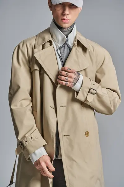 A young, tattooed man exudes mystery and style in a trench coat and hat in a studio setting against a grey background. — Stock Photo