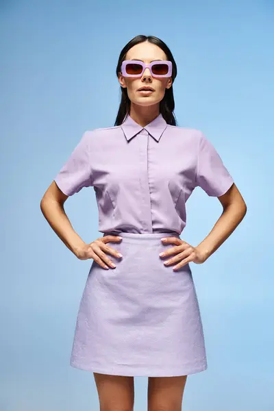 Une femme élégante dans une robe violette et des lunettes de soleil pose dans un studio, respirant les vibrations estivales sur un fond bleu vif. — Photo de stock