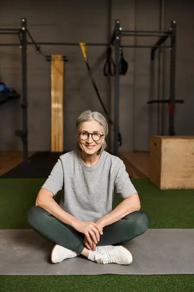 Cheerful mature woman in cozy sportswear sitting with crossed legs in gym and smiling at camera — Stock Photo