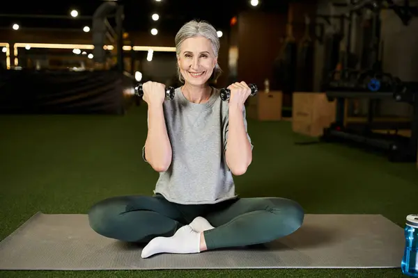 Joyful beautiful senior woman in cozy sportswear exercising with dumbbells and smiling at camera — Stock Photo