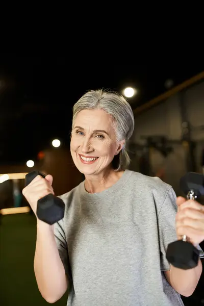 Attractive joyful mature sportswoman with gray hair exercising with dumbbells and looking at camera — Stock Photo