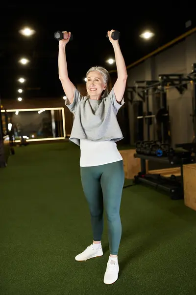 Alluring mature gray haired woman in sportswear training actively with dumbbells while in gym — Stock Photo