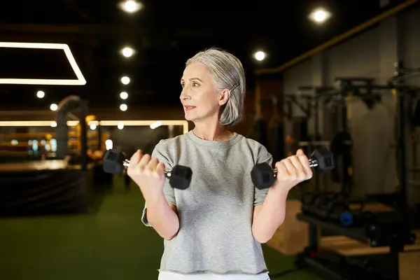 Athletic joyous mature woman with gray hair in cozy sportswear training with dumbbells while in gym — Stock Photo