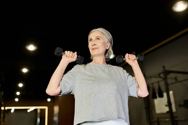 Senior joyous pretty woman in comfy sportswear training actively with dumbbells while in gym — Stock Photo