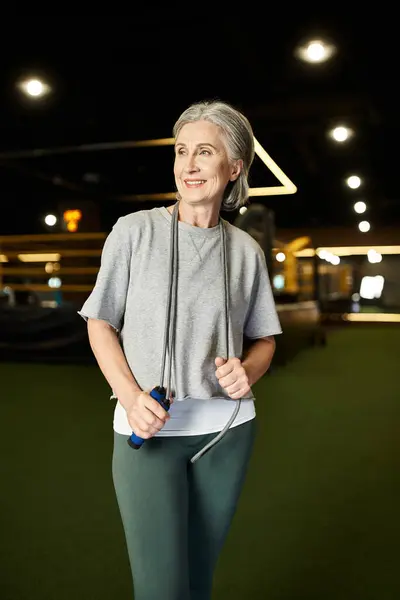 Gioiosa donna anziana attraente in abbigliamento sportivo in posa con corda da salto in palestra e guardando altrove — Foto stock