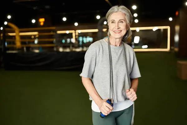 Merry mature attractive sportswoman in cozy attire posing with skipping rope in gym and looking away — Stock Photo