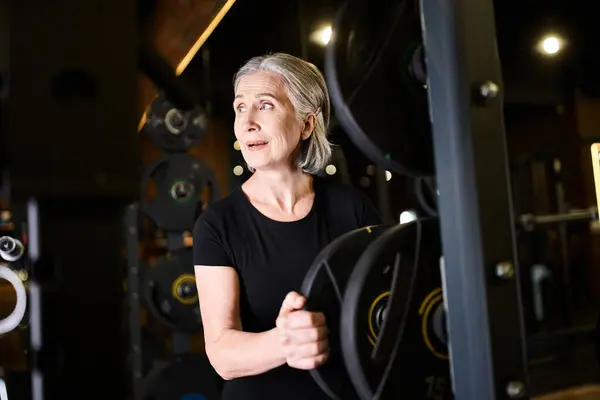 Mulher alegre sênior atraente com cabelo grisalho segurando disco de peso durante o treinamento ativamente no ginásio — Fotografia de Stock