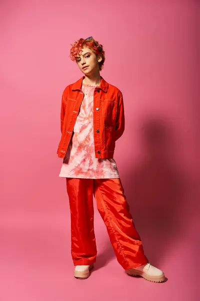 A stylish woman stands confidently in front of a bold pink background. — Stock Photo