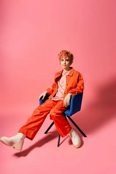 A fashionable woman gracefully seated in a chair against a vibrant pink backdrop. — Stock Photo