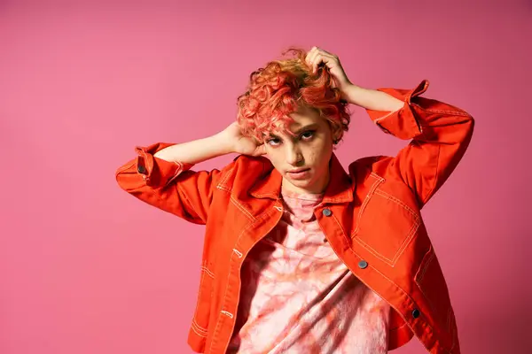 Extravagant woman with pink hair and red jacket. — Stock Photo
