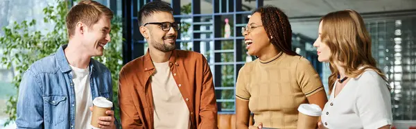 Multicultural colleagues in hotel lobby, diverse businesspeople in casual clothes standing next to each other. — Stock Photo