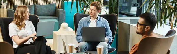 A man and a woman in a coworking space, engaged in digital collaboration on laptops, embodying modern business lifestyles. — Stock Photo