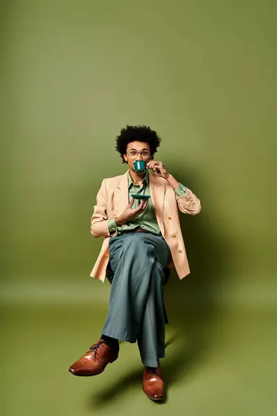 Um jovem afro-americano elegante senta-se em uma cadeira, bebendo de uma xícara com uma roupa na moda e óculos de sol em. — Fotografia de Stock