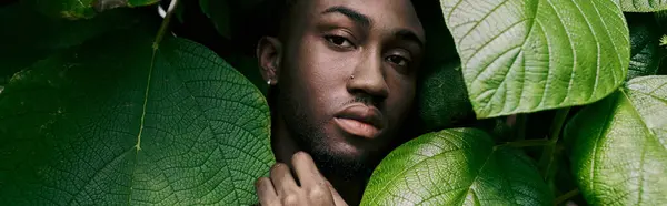 A sophisticated African American man hides behind a large green leaf in a vibrant garden. — Stock Photo