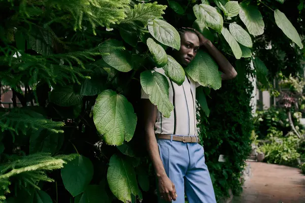 Un hombre afroamericano sofisticado de pie con gracia frente a un arbusto verde vibrante. - foto de stock