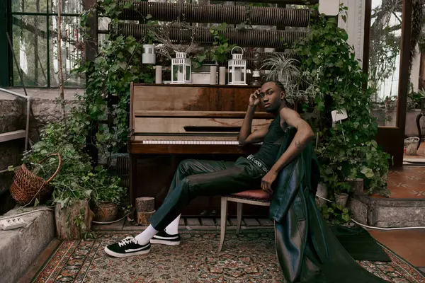 Schöner Mann in eleganter Kleidung sitzt neben einem Flügel in einem grünen Garten. — Stockfoto