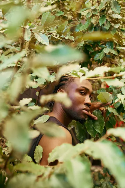 Handsome African American man with sophisticated style hiding among lush green tree leaves. — Stock Photo