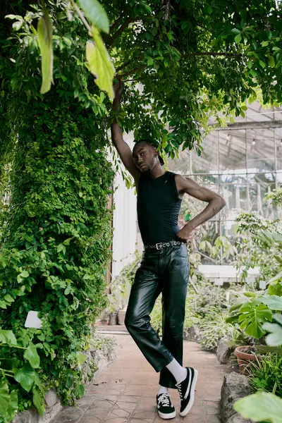 Изысканный афроамериканец в черной одежде, изящно стоящий под пышным зеленым деревом. — стоковое фото